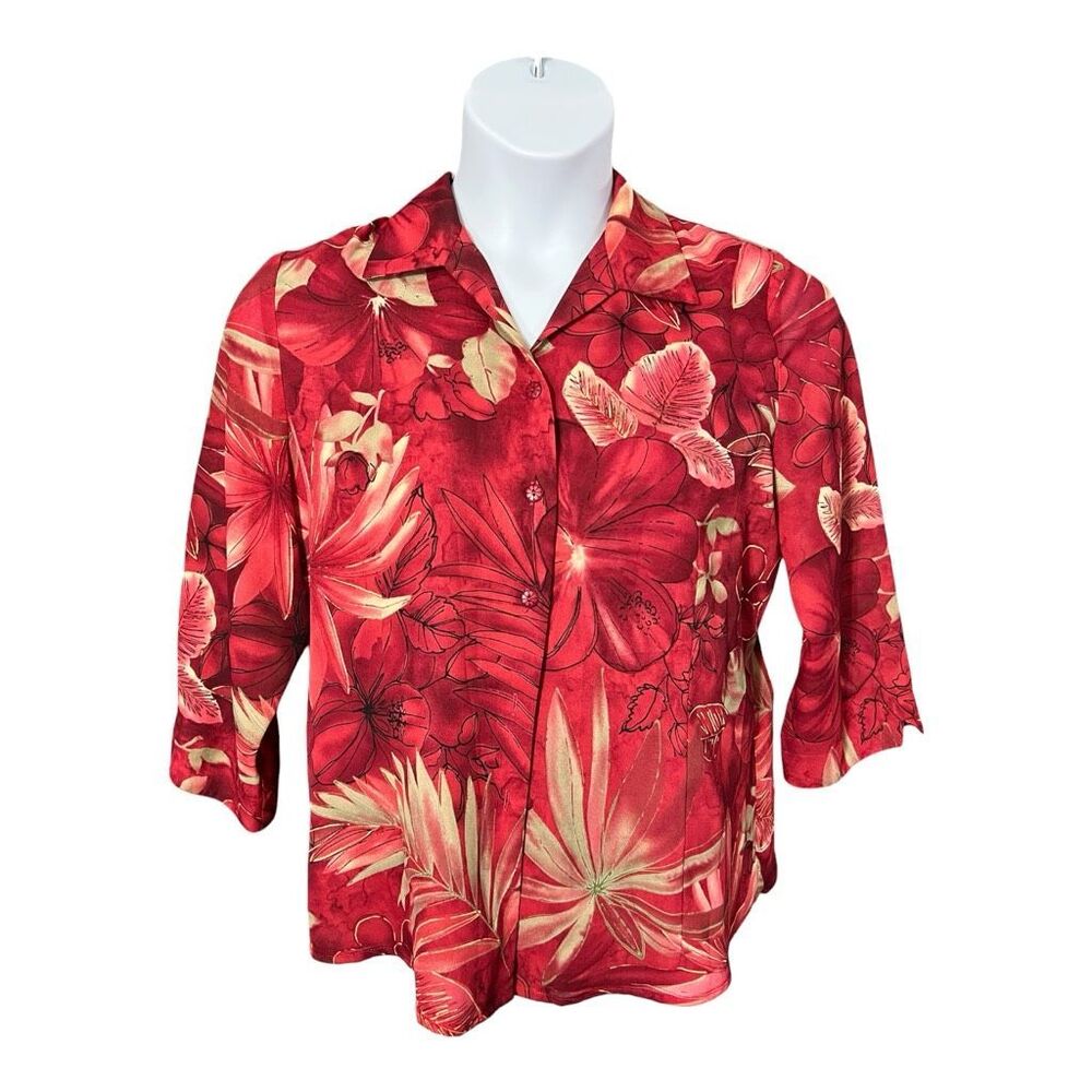 TanJay Red Floral Button Down Blouse Size 10 Chiffon Collared 3/4-Slit Sleeve